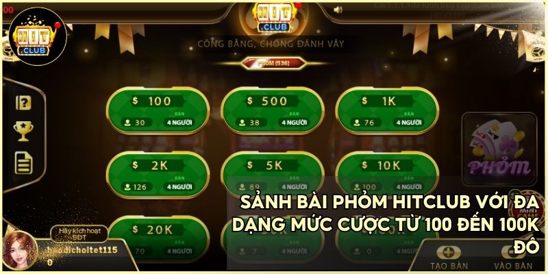 Bài Phỏm HITCLUB – Sảnh Đấu Trí Công Bằng Và Đẳng Cấp Thượng Lưu 2026 1 Giao diện sảnh cược bài Phỏm HitClub đa dạng mức cược